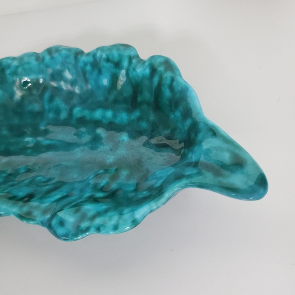 MLP Pottery Trinket Dish Teal Black Glossy Glazed Handmade Long Leafy Design - Picture 7 of 9